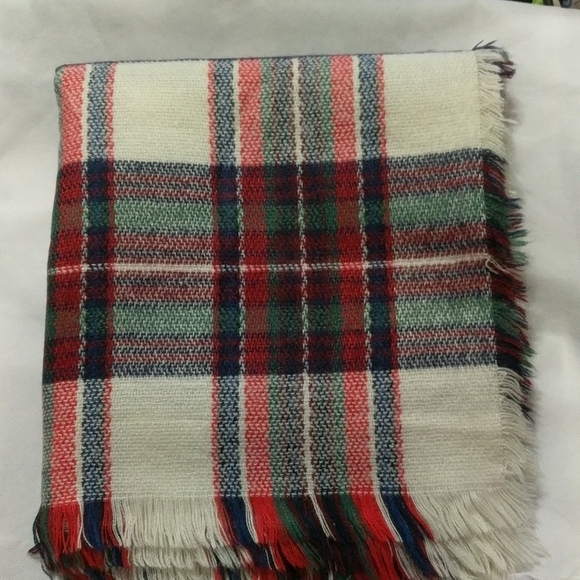 Cream, Red, Green, Blue Plaid Woven Blanket Scarf with Fringe - Picture 1 of 2